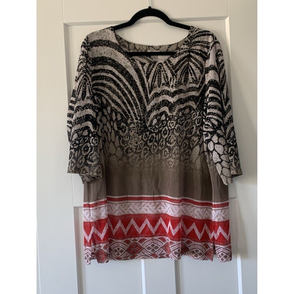 Chico's Easywear Women Sheer Tunic Top Red Black Lightweight Women’s Sz 3